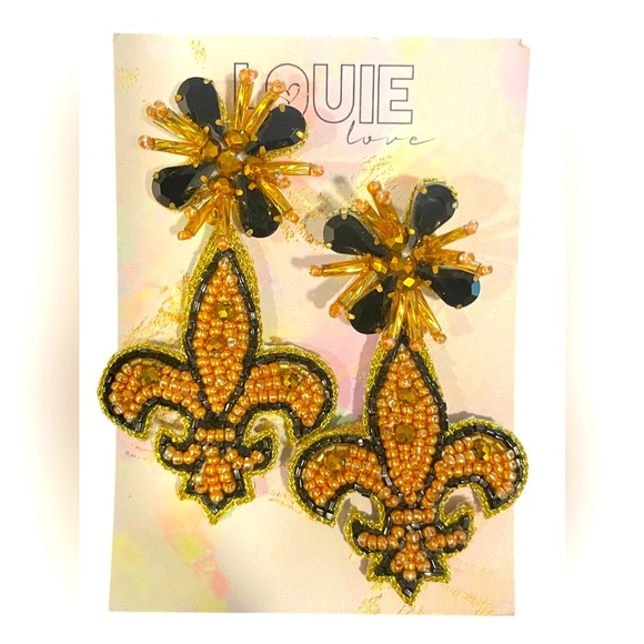New Orleans Louisiana Saints Who Dat Black/Gold Fleur De Lis Beaded Earrings NWT - Picture 1 of 2